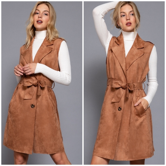 Gorgeous Faux Suede Caramel Longline Oversized Vest - Picture 4 of 9